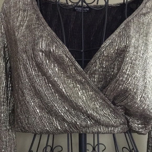 🥀DONATING 12/30 Long Sleeve Metallic Crop Top Deep V - Picture 4 of 7